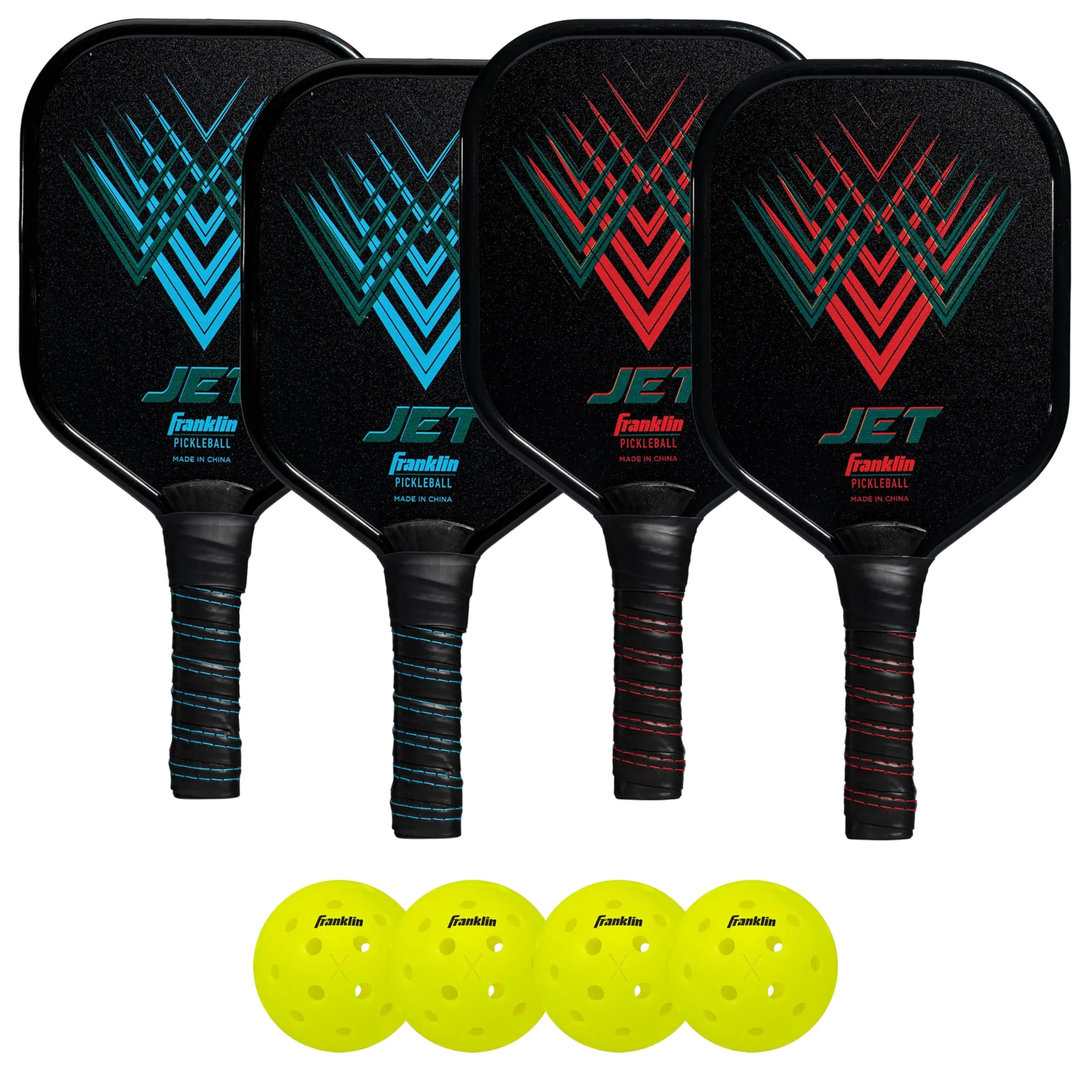 Franklin Sports Jet Pickleball Paddle and Ball Set - 4 Player Aluminum Paddle Set with 4 X-40 Outdoor Pickleballs, Red/Blue, 3.65 lbs - main product image