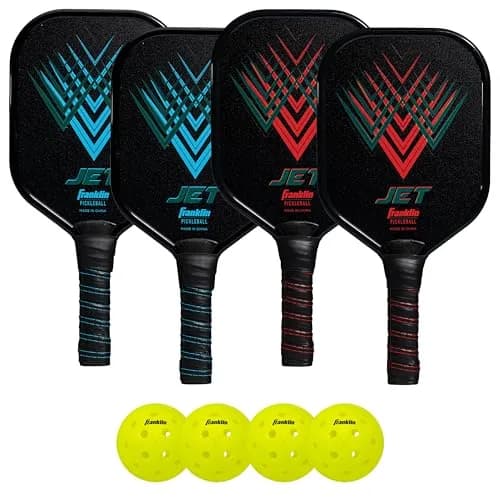 Franklin Sports Jet Pickleball Paddle and Ball Set - 4 Player Aluminum Paddle Set with 4 X-40 Outdoor Pickleballs, Red/Blue, 3.65 lbs thumbnail 1