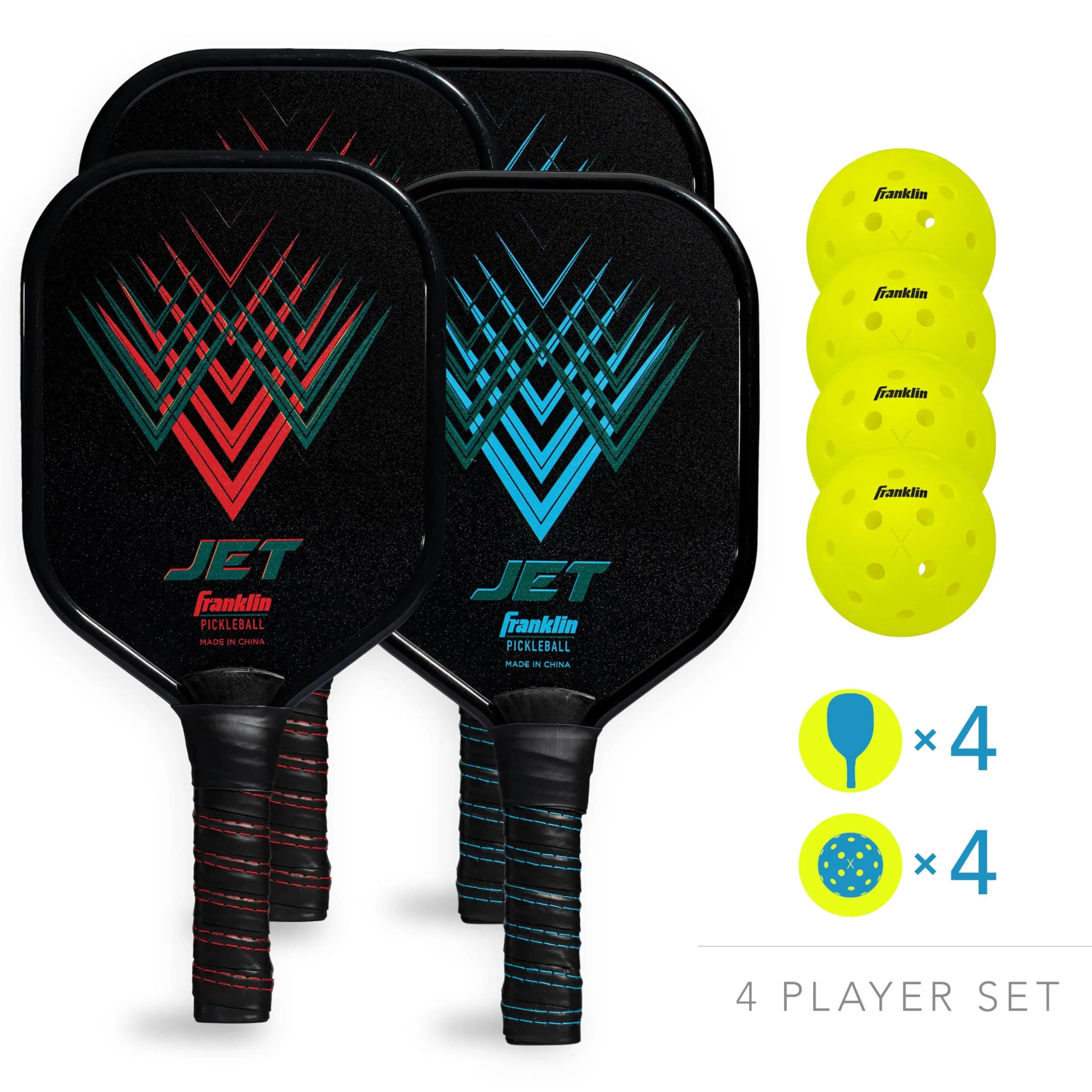Franklin Sports Jet Pickleball Paddle and Ball Set - 4 Player Aluminum Paddle Set with 4 X-40 Outdoor Pickleballs, Red/Blue, 3.65 lbs - view 2