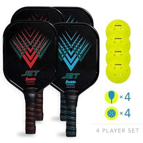 Franklin Sports Jet Pickleball Paddle and Ball Set - 4 Player Aluminum Paddle Set with 4 X-40 Outdoor Pickleballs, Red/Blue, 3.65 lbs thumbnail 2