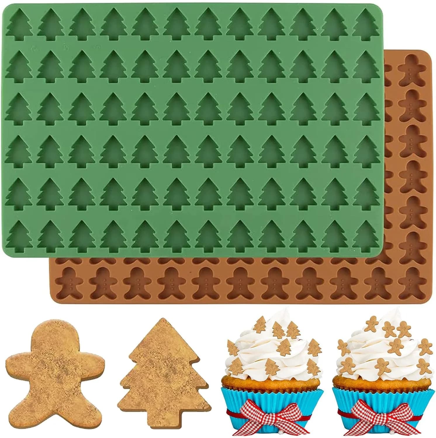 AnyDesign Christmas Silicone Molds 2Pcs | Xmas Tree & Gingerbread Candy & Cake Decor — Green,Brown