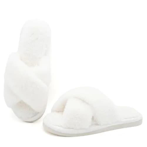 Crazy Lady Fuzzy Fluffy Fur Slippers Open Toe Memory Foam Support Indoor Outdoor White 38 | Cozy All-Season House Footwear thumbnail 1