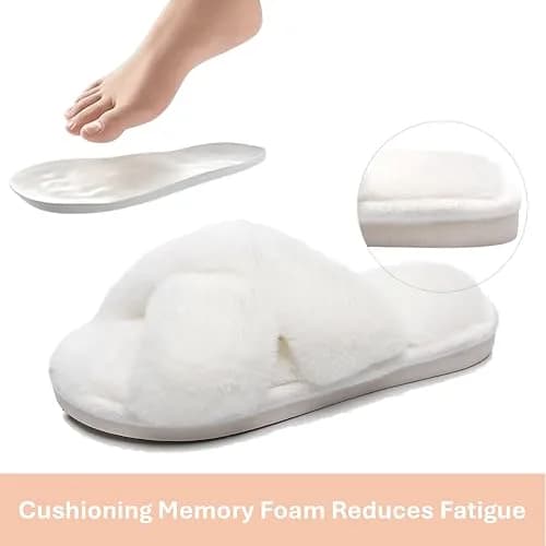 Crazy Lady Fuzzy Fluffy Fur Slippers Open Toe Memory Foam Support Indoor Outdoor White 38 | Cozy All-Season House Footwear thumbnail 4