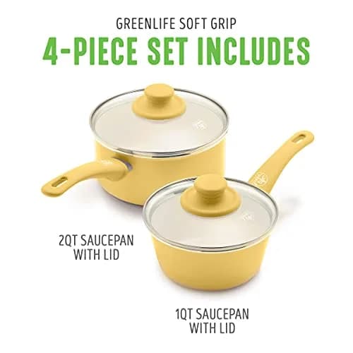 GreenLife Soft Grip 1QT & 2QT Saucepan Set | Healthy Ceramic Nonstick, Toxin-Free, Dishwasher Safe, Yellow thumbnail 3