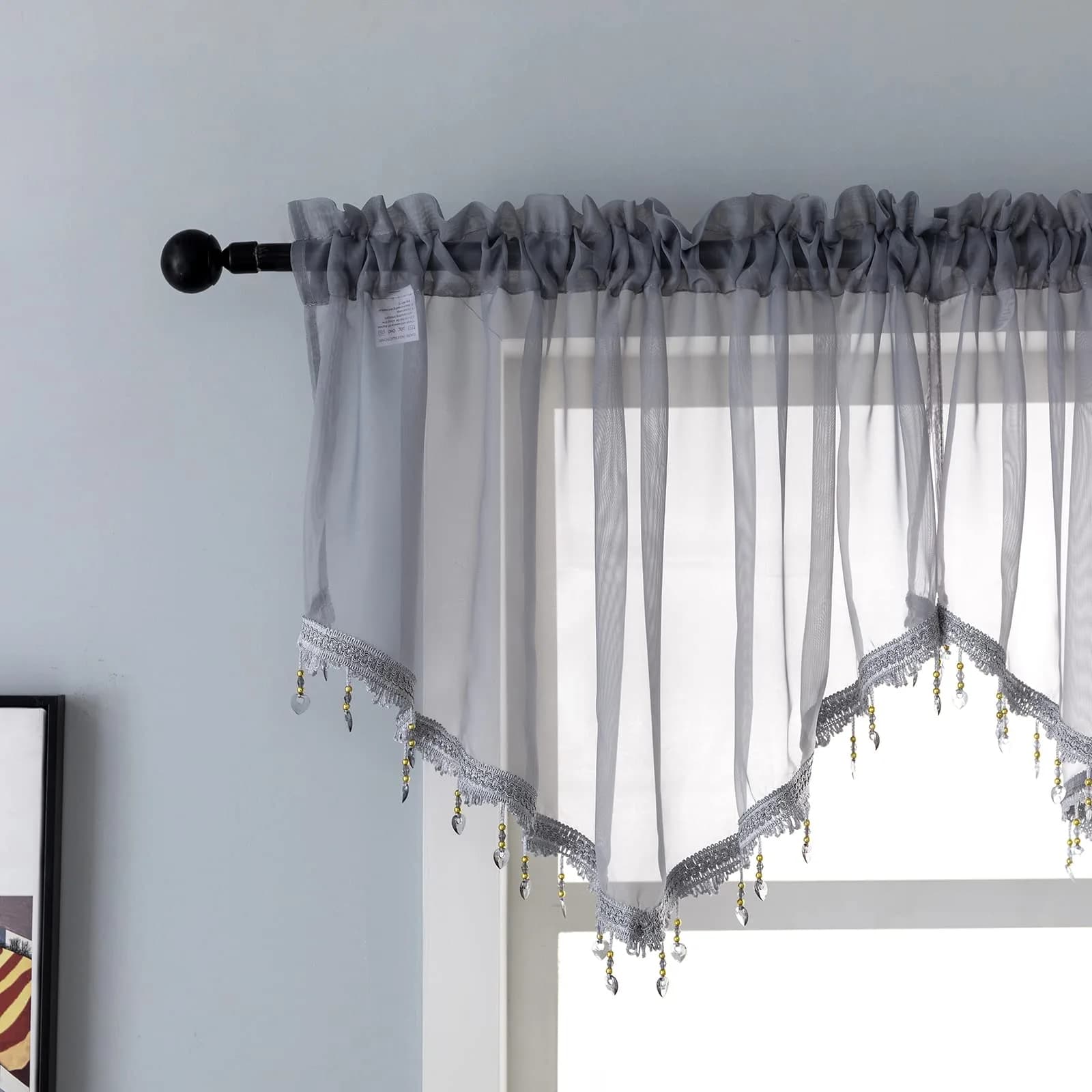 PearAge Beaded Sheer Valance Curtains for Living Room | Vintage Beaded Tassel Voile (51x24 Inches, Grey)