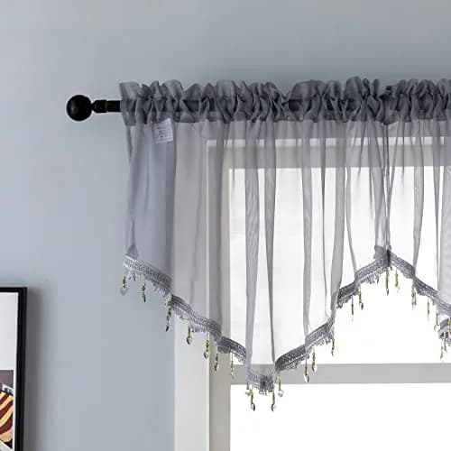 PearAge Beaded Sheer Valance Curtains for Living Room | Vintage Beaded Tassel Voile (51x24 Inches, Grey) thumbnail 1