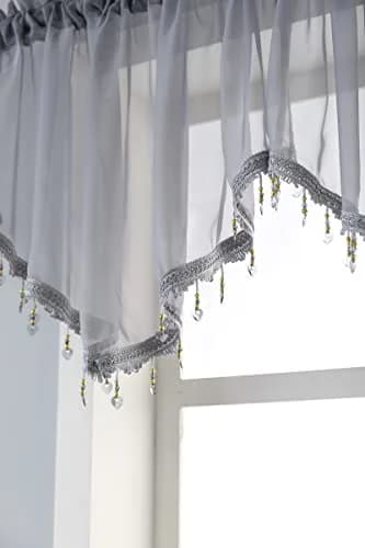 PearAge Beaded Sheer Valance Curtains for Living Room | Vintage Beaded Tassel Voile (51x24 Inches, Grey) thumbnail 6