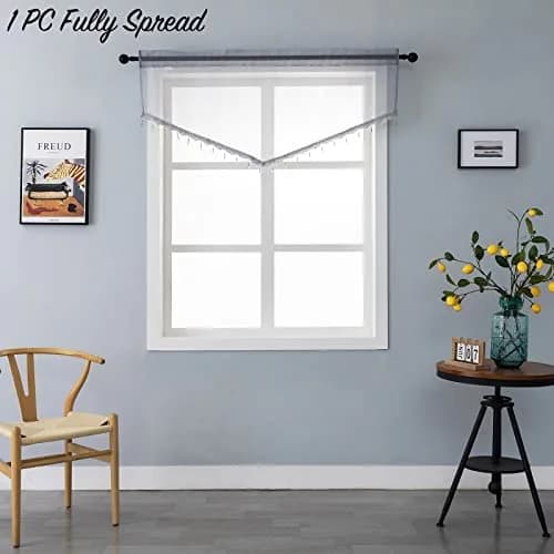 PearAge Beaded Sheer Valance Curtains for Living Room | Vintage Beaded Tassel Voile (51x24 Inches, Grey) thumbnail 3