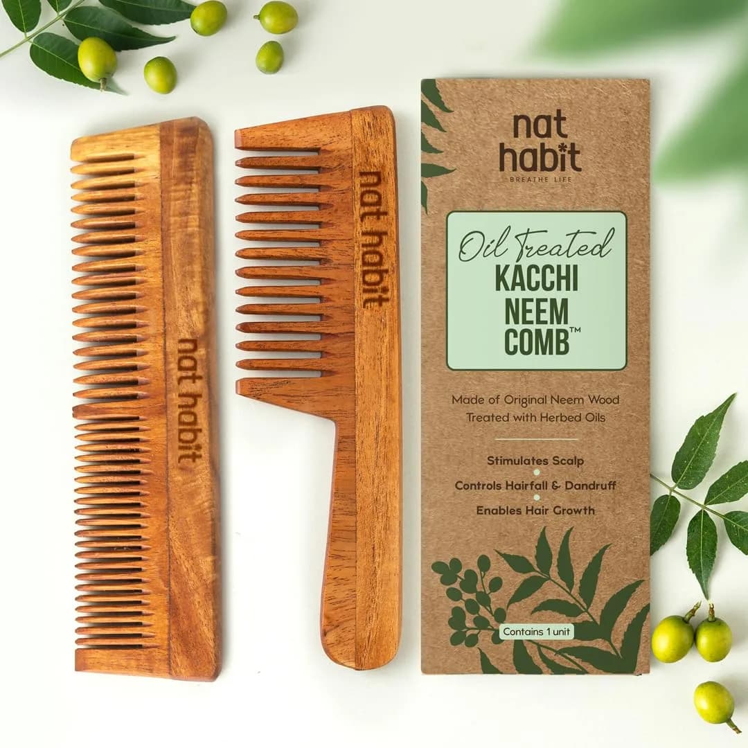 Nat Habit Back To Natural Neem Comb 18-20cm Brown | Handmade Neem Wooden Comb for Hair Growth & Stress Relief