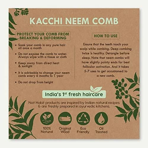Nat Habit Back To Natural Neem Comb 18-20cm Brown | Handmade Neem Wooden Comb for Hair Growth & Stress Relief thumbnail 2