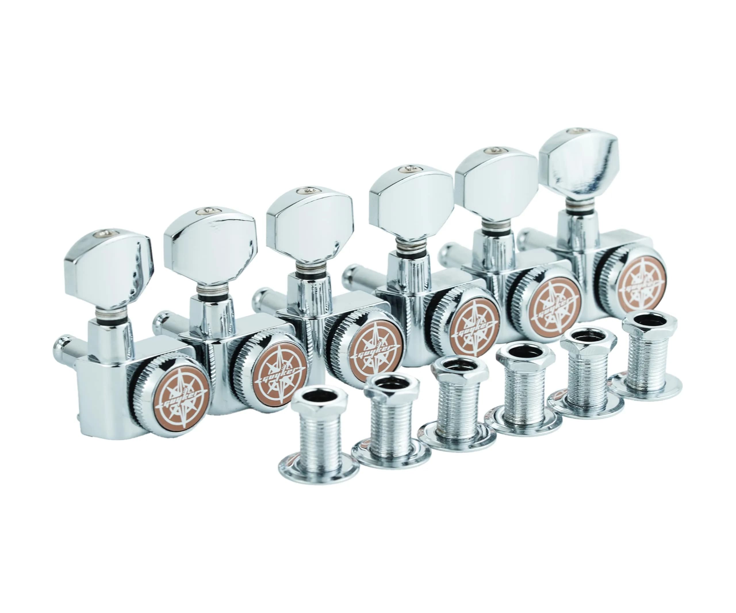 Guyker 6 In-line Guitar Locking Tuners 10mm Peg Holes Chrome | Precision 1:18 Gear Ratio