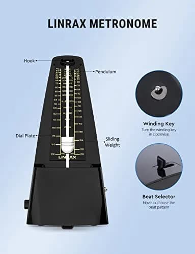 LINRAX M1 Mechanical Metronome for Piano Guitar Bass Ukulele Drum Violin Cello Saxophone Trumpet and Other Musical Instruments, Track Tempo and Beat, Loud Sound, High Precision, Black (0.54 kg) thumbnail 2