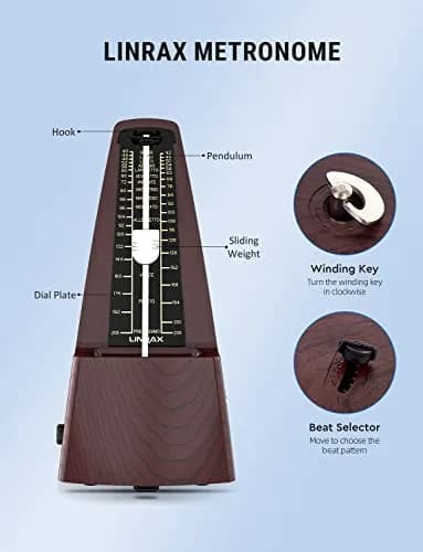 LINRAX M2 Mechanical Metronome for Piano Guitar Bass Ukulele Drum Violin Cello Saxophone Trumpet and Other Musical Instruments, Track Tempo and Beat, Loud Sound, High Precision, Wood Grain (0.52 kg / 1.15 lb) thumbnail 2