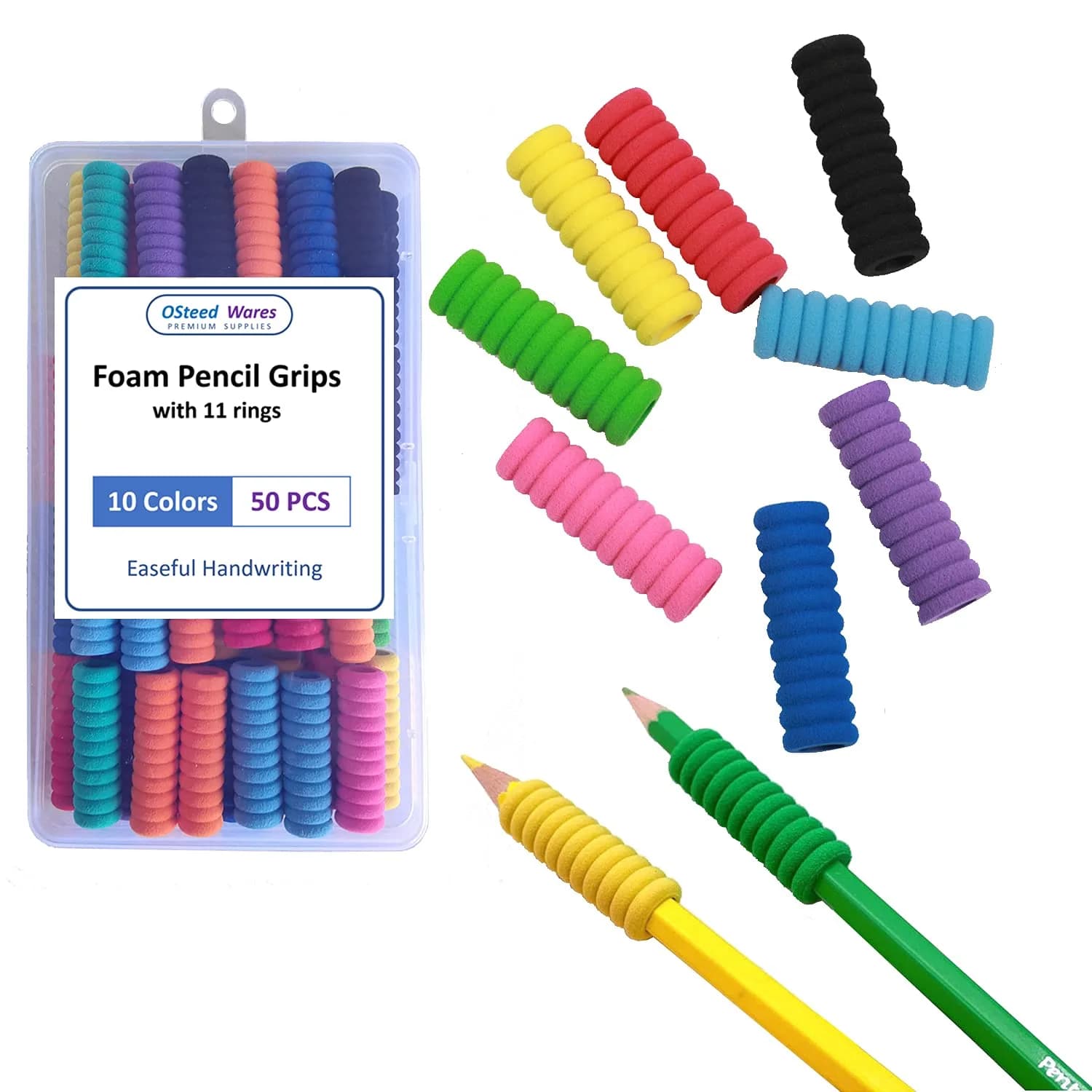 OSteed Foam Pencil Grips 50 Pcs (1.28cm Diameter) | Bulk Pack for Kids & Adults Handwriting Aid — 11 Rings, 50 Pcs
