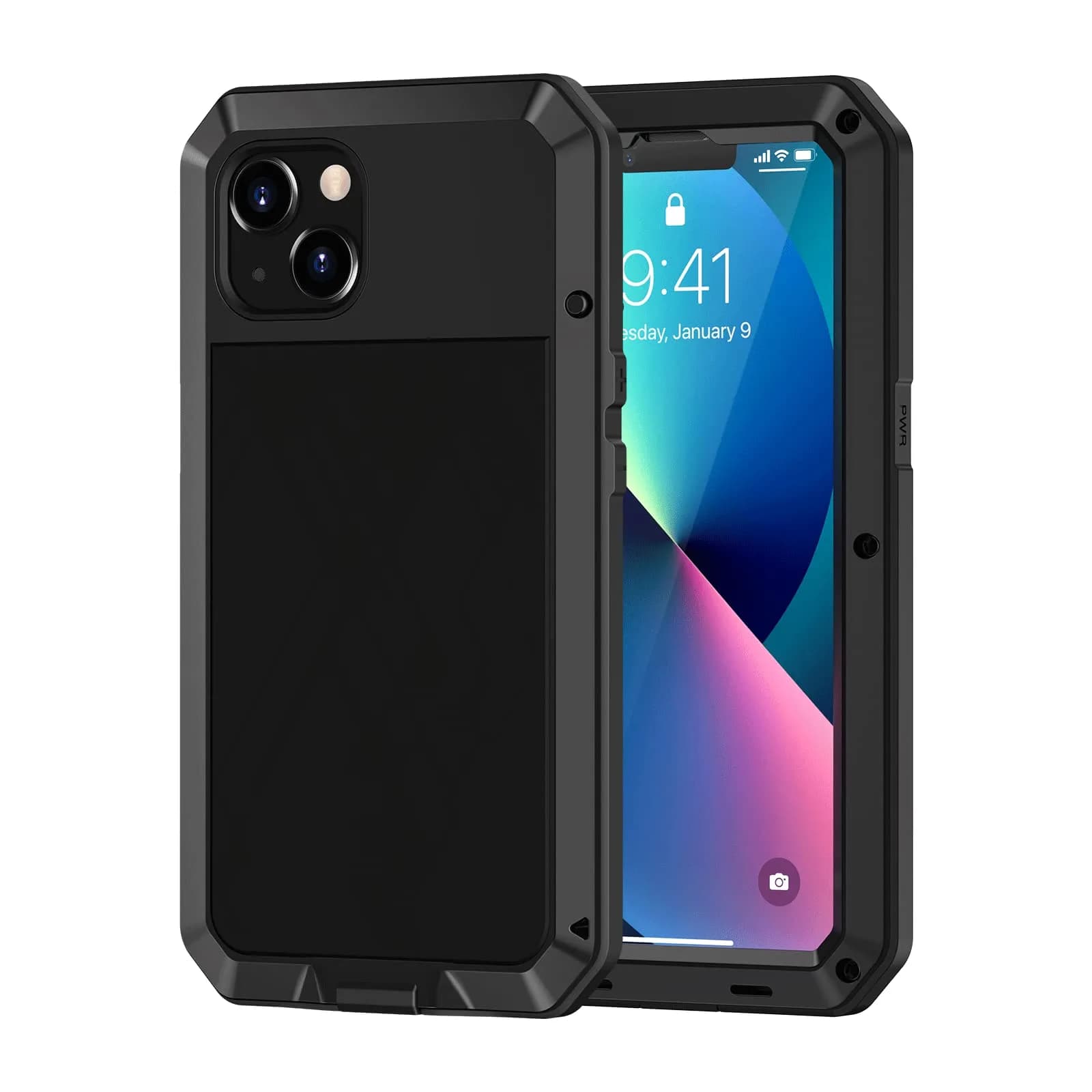 Lanhiem for iPhone 13 Metal Case 6.1 inch | Heavy Duty Shockproof Rugged Cover with Built-in Glass Screen Protector — Black