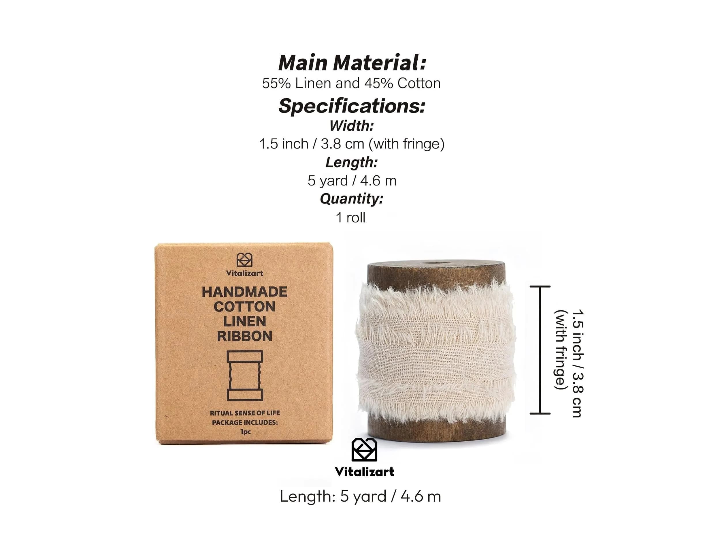 Vitalizart Cotton Linen Ribbon Beige Nude 1.5 Inch (4 cm) Rustic Frayed Edge for Crafts, Gift Wrapping, Weddings, Bouquets, 5 Yards - view 2