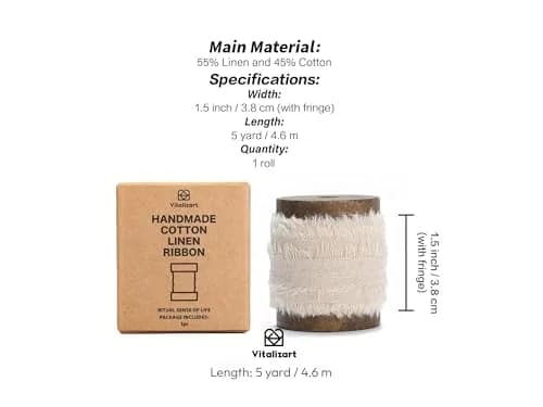 Vitalizart Cotton Linen Ribbon Beige Nude 1.5 Inch (4 cm) Rustic Frayed Edge for Crafts, Gift Wrapping, Weddings, Bouquets, 5 Yards thumbnail 2