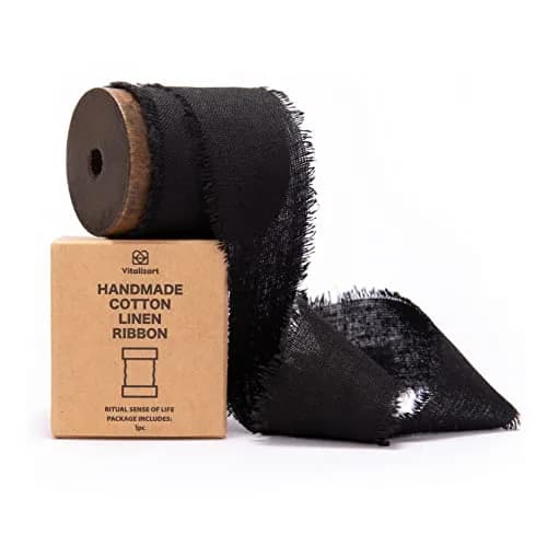 Vitalizart Black Cotton Linen Ribbon with Spool 4.57 m (5 Yd) | Handmade Fringe Fabric for Crafts thumbnail 1