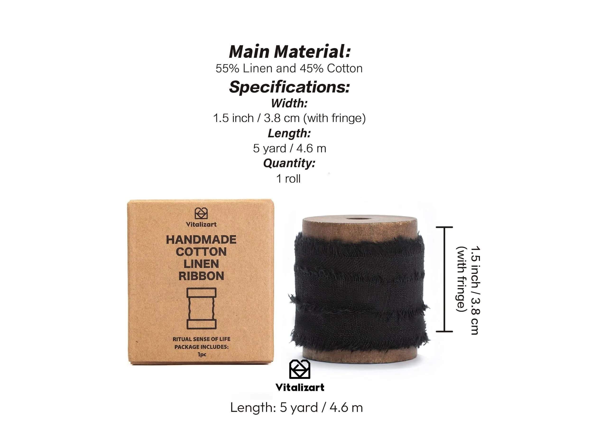 Vitalizart Black Cotton Linen Ribbon with Spool 4.57 m (5 Yd) | Handmade Fringe Fabric for Crafts - view 2