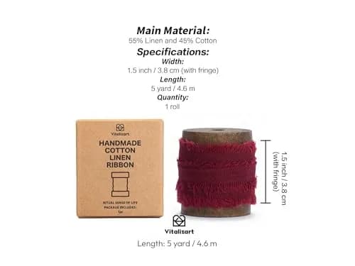 Vitalizart Burgundy Cotton Linen Ribbon with Spool 1.5" (4.57m) | Handmade Frayed Edge thumbnail 2