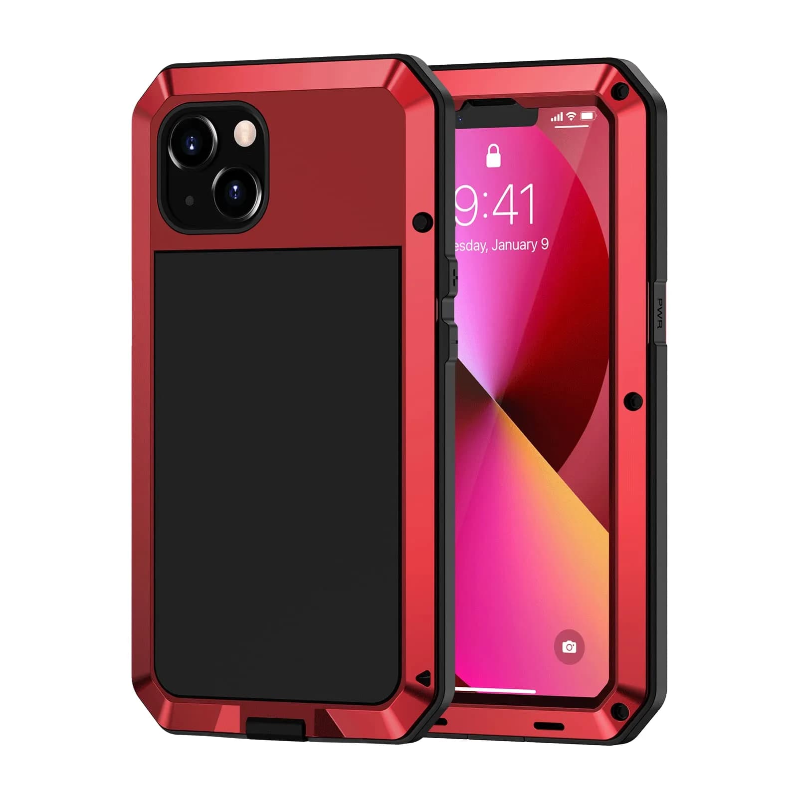 Lanhiem Red Metal Case for iPhone 13 (6.1 inch) | Heavy Duty Shockproof with Built-in Glass Screen Protector - main product image