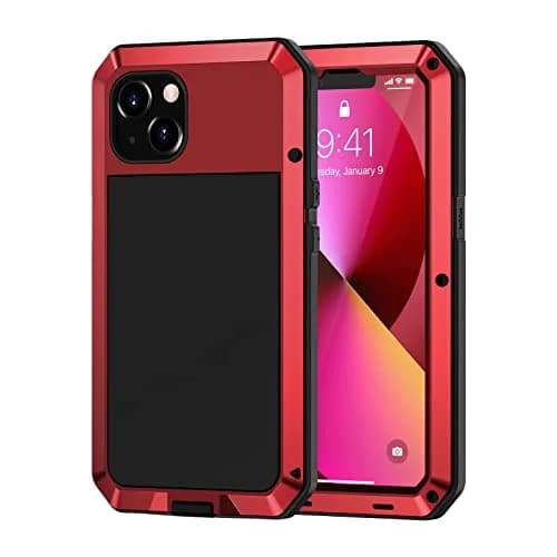 Lanhiem Red Metal Case for iPhone 13 (6.1 inch) | Heavy Duty Shockproof with Built-in Glass Screen Protector thumbnail 1