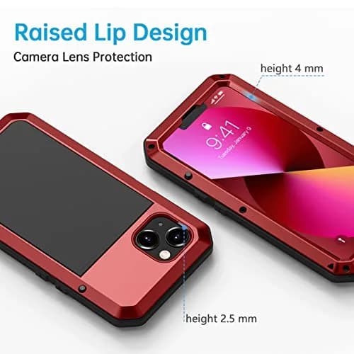 Lanhiem Red Metal Case for iPhone 13 (6.1 inch) | Heavy Duty Shockproof with Built-in Glass Screen Protector thumbnail 4