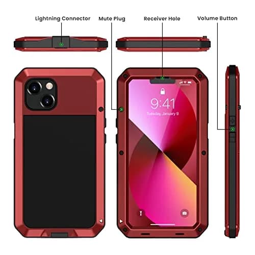 Lanhiem Red Metal Case for iPhone 13 (6.1 inch) | Heavy Duty Shockproof with Built-in Glass Screen Protector thumbnail 5