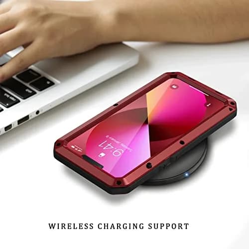 Lanhiem Red Metal Case for iPhone 13 (6.1 inch) | Heavy Duty Shockproof with Built-in Glass Screen Protector thumbnail 6