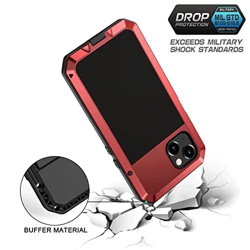Lanhiem Red Metal Case for iPhone 13 (6.1 inch) | Heavy Duty Shockproof with Built-in Glass Screen Protector thumbnail 3