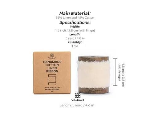 Vitalizart White Cotton Linen Ribbon with Spool 1.5 inch (3.81 cm) x 5 Yd (4.57 m) Frayed Fringe | Handmade Rustic Texture thumbnail 2
