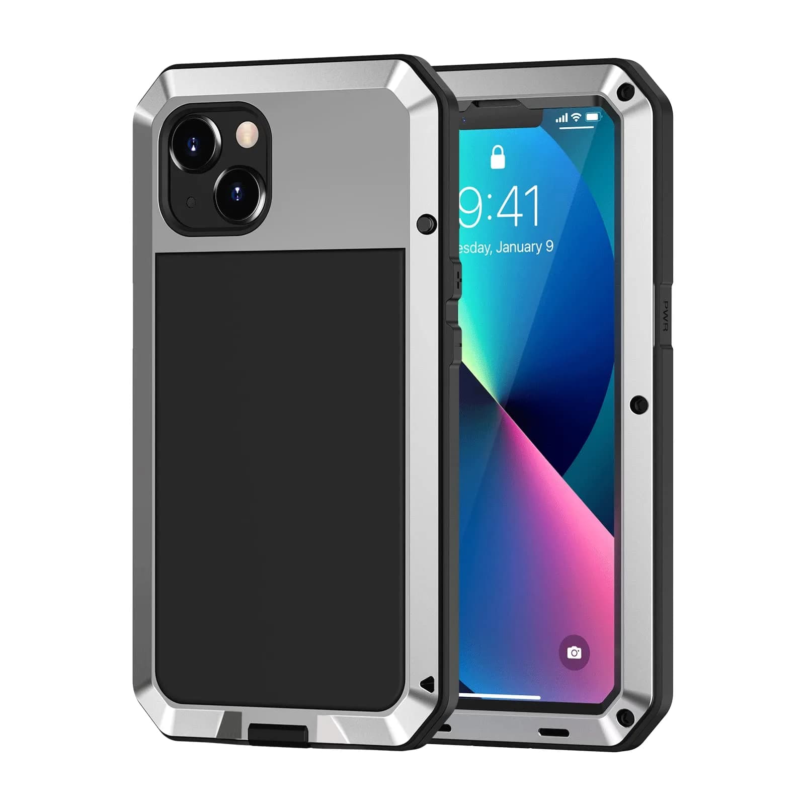 Lanhiem for iPhone 13 Metal Case 6.1 inch | Heavy Duty Shockproof Rugged Cover with Built-in Glass Screen Protector — Silver