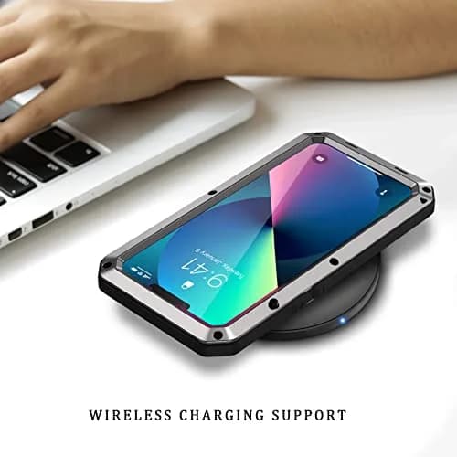 Lanhiem Metal Case for iPhone 13 6.1 inch with Built-in Glass Screen Protector, Silver | Heavy Duty Shockproof Rugged Defender thumbnail 6