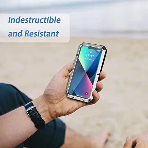Lanhiem Metal Case for iPhone 13 6.1 inch with Built-in Glass Screen Protector, Silver | Heavy Duty Shockproof Rugged Defender thumbnail 7