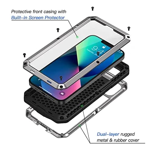 Lanhiem Metal Case for iPhone 13 6.1 inch with Built-in Glass Screen Protector, Silver | Heavy Duty Shockproof Rugged Defender thumbnail 2