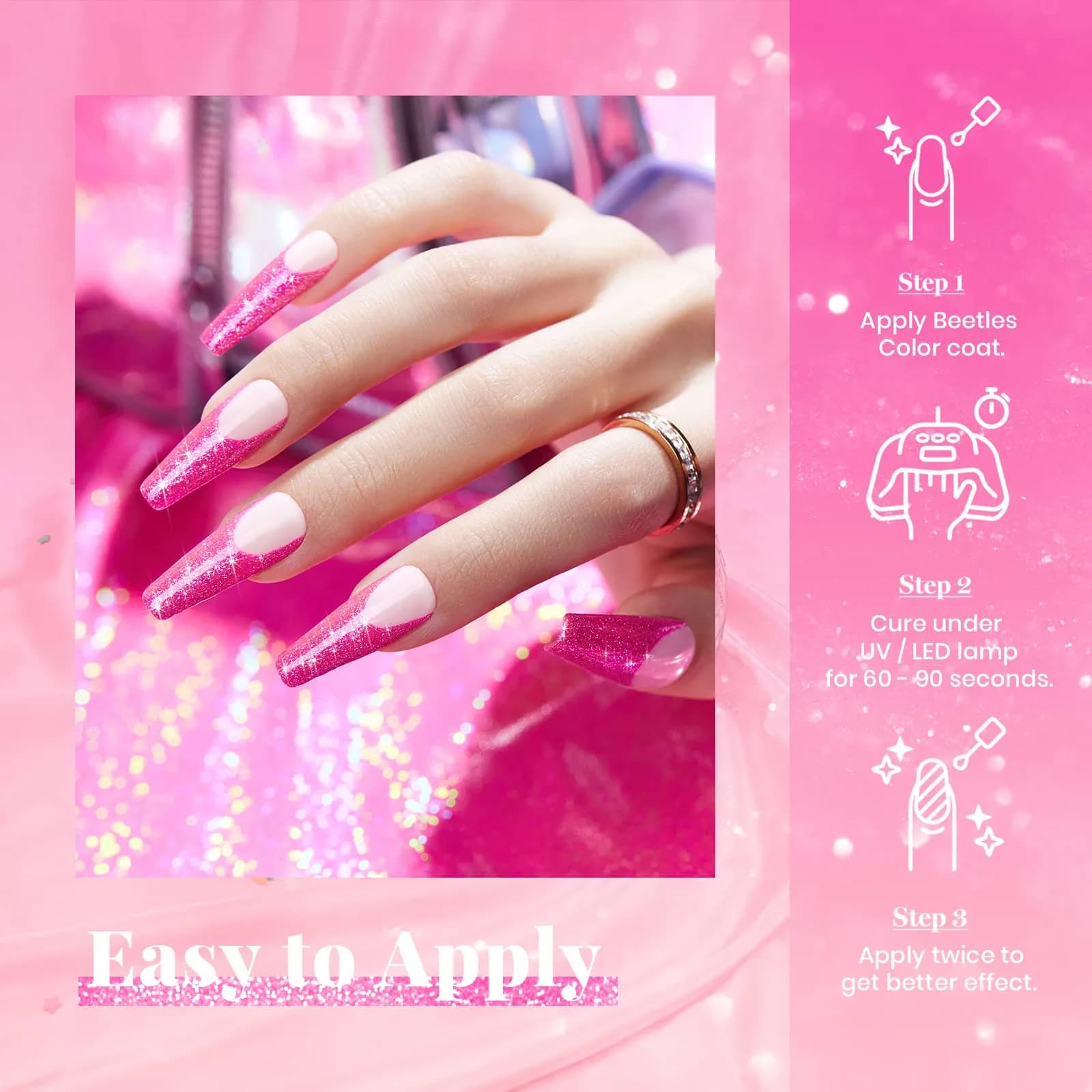 Beetles Glitter Gel Nail Polish - 15ml Hot Pink Reflective Diamond Color | 0.51 Fl Oz (15ml) UV/LED Cure - view 5