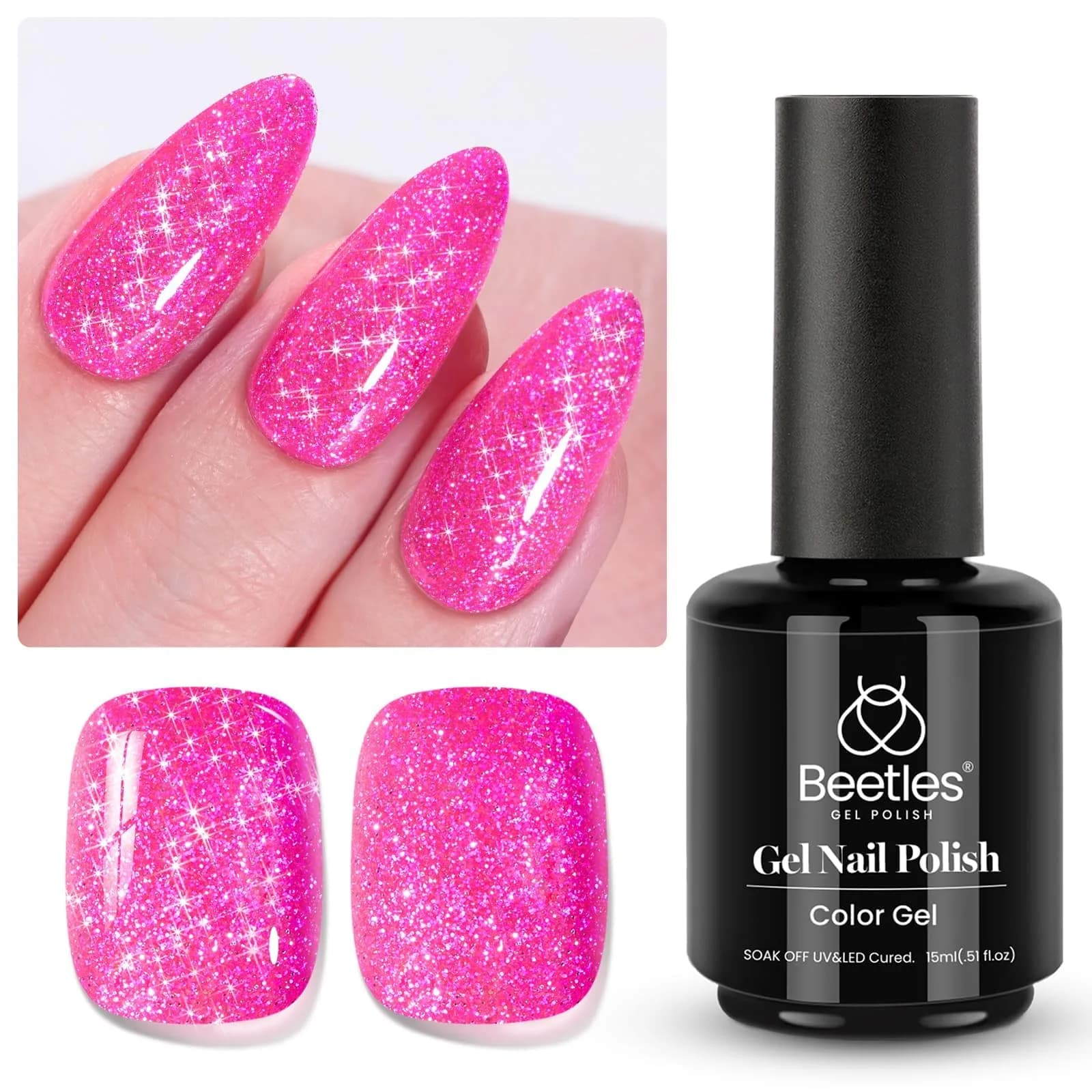 Beetles Glitter Gel Nail Polish - 15ml Hot Pink Reflective Diamond Color | 0.51 Fl Oz (15ml) UV/LED Cure - view 8