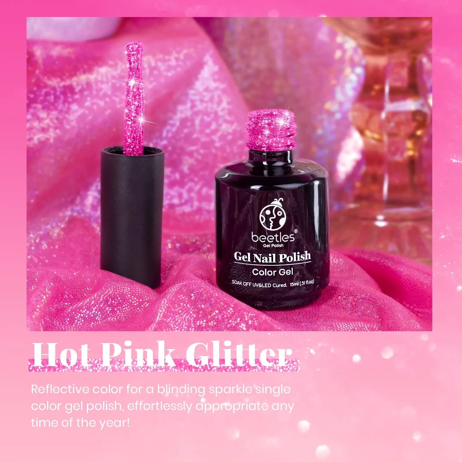 Beetles Glitter Gel Nail Polish - 15ml Hot Pink Reflective Diamond Color | 0.51 Fl Oz (15ml) UV/LED Cure - view 3