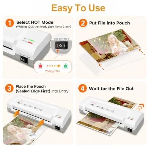 VidaTeco 9-inch Laminator Machine with 20 Laminating Sheets | Fast 2-Min Preheat, ETL Certified, Jam-Free thumbnail 8