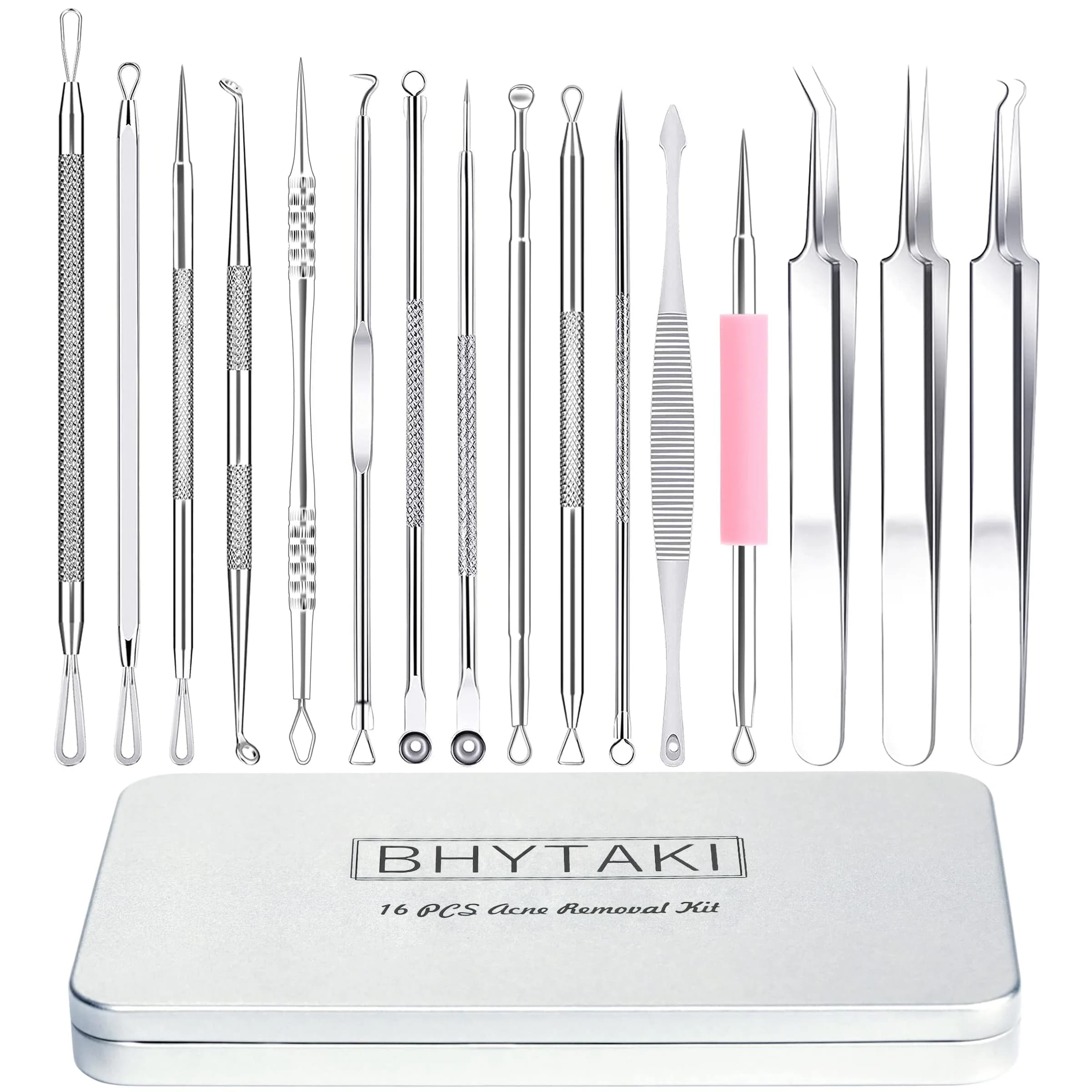 BHYTAKI 16 PCS Blackhead Remover Tools with Metal Box | Professional Stainless Steel Pimple Extractor Kit