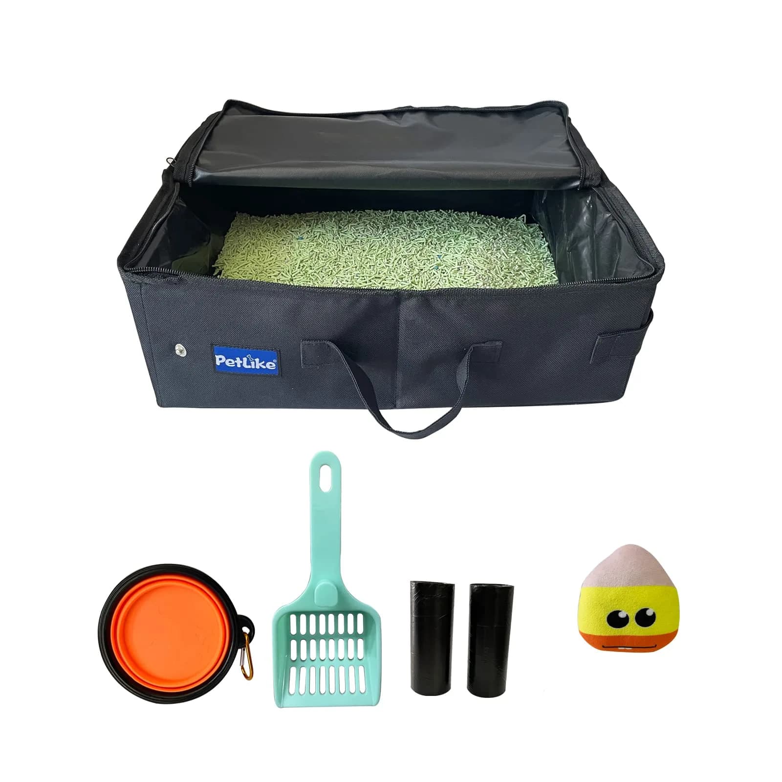 PetLike Travel Cat Litter Box Medium Light Grey | Leak-Proof Portable Collapsible Tray Carrier (40cm x 30cm x 13cm) — Black Set / Medium