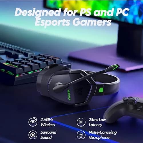 NUBWO G06 Dual Wireless Gaming Headset with Microphone for PS5, PS4, PC - 23ms Low Latency Audio - 100-Hour of Playtime - 50mm Drivers (Black-Green) thumbnail 2