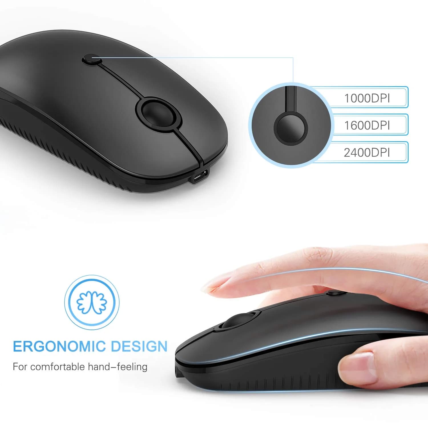 VssoPlor Black Wireless Mouse with USB-C Receiver | Ergonomic, Rechargeable, Quiet Click - view 6
