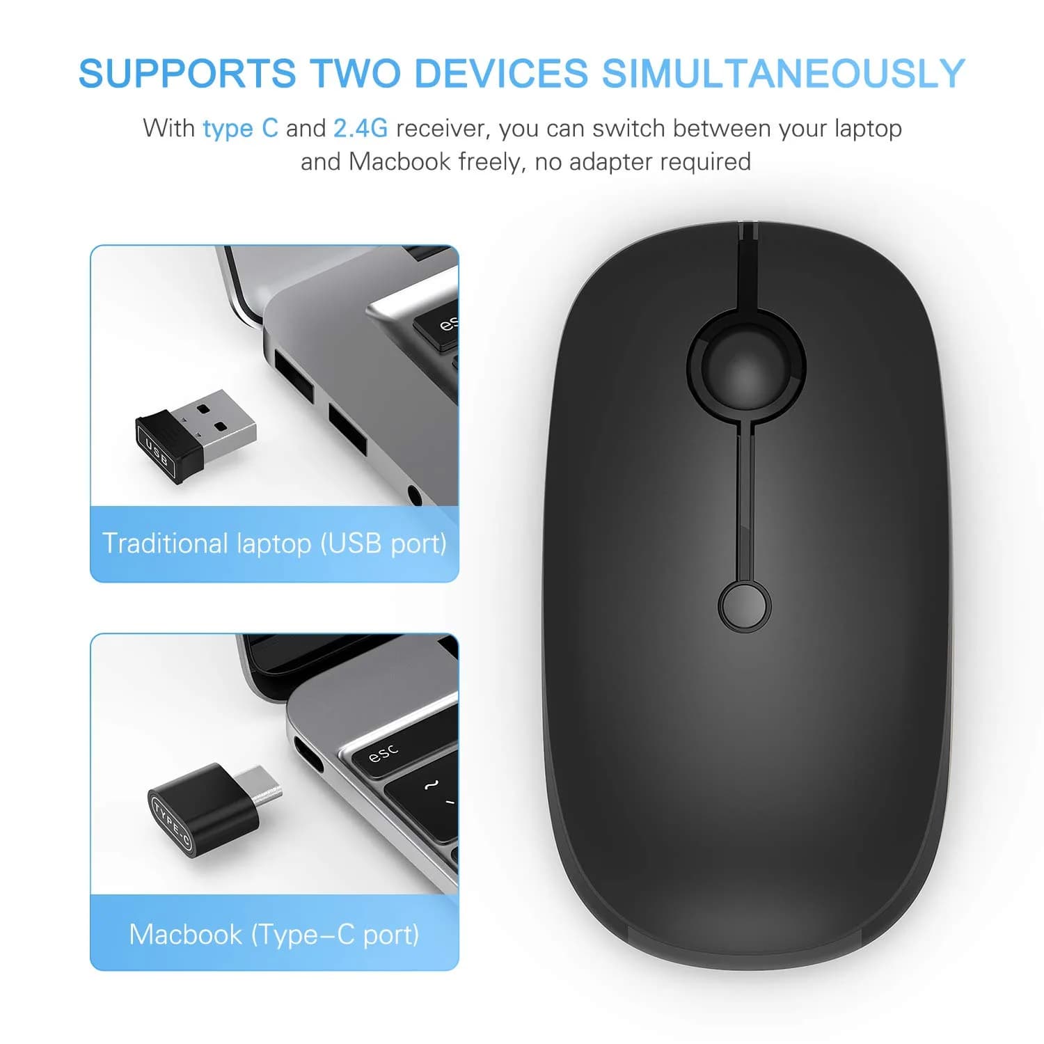 VssoPlor Black Wireless Mouse with USB-C Receiver | Ergonomic, Rechargeable, Quiet Click - view 2