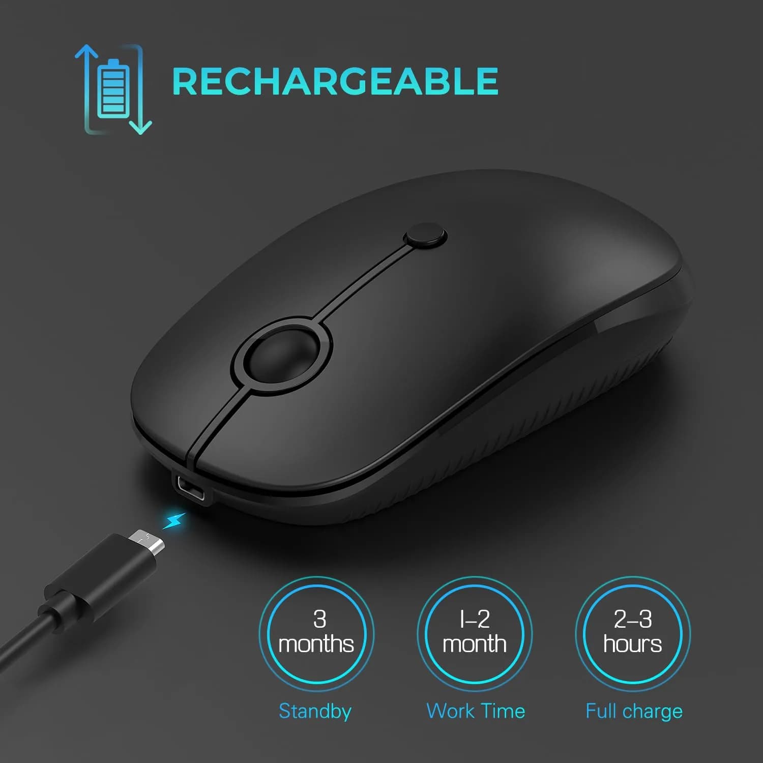 VssoPlor Black Wireless Mouse with USB-C Receiver | Ergonomic, Rechargeable, Quiet Click - view 4