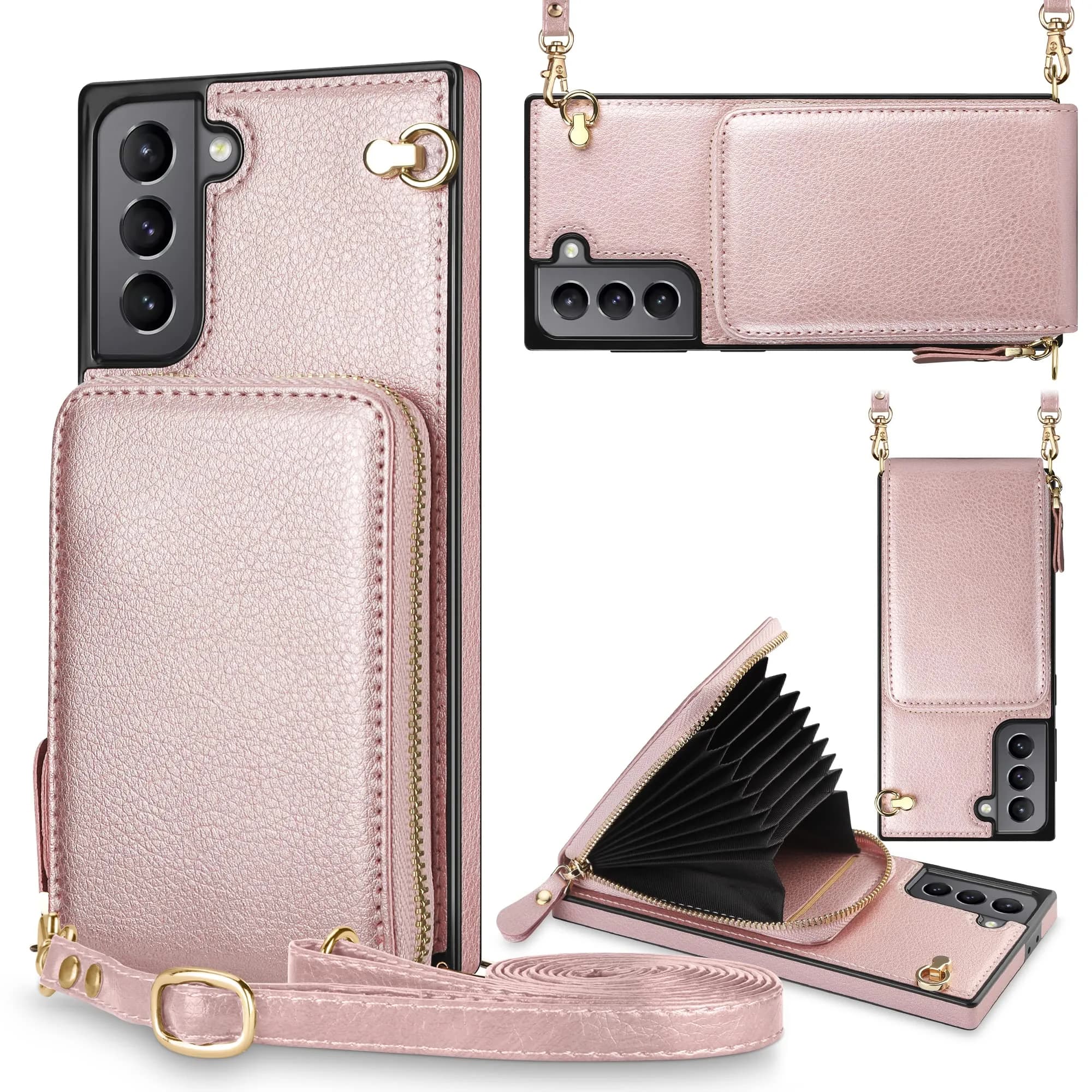 JAKPDE Wallet Case for Samsung Galaxy S21 6.2 inch | Card Holder & Crossbody Lanyard (Rose Gold) — Rose Gold
