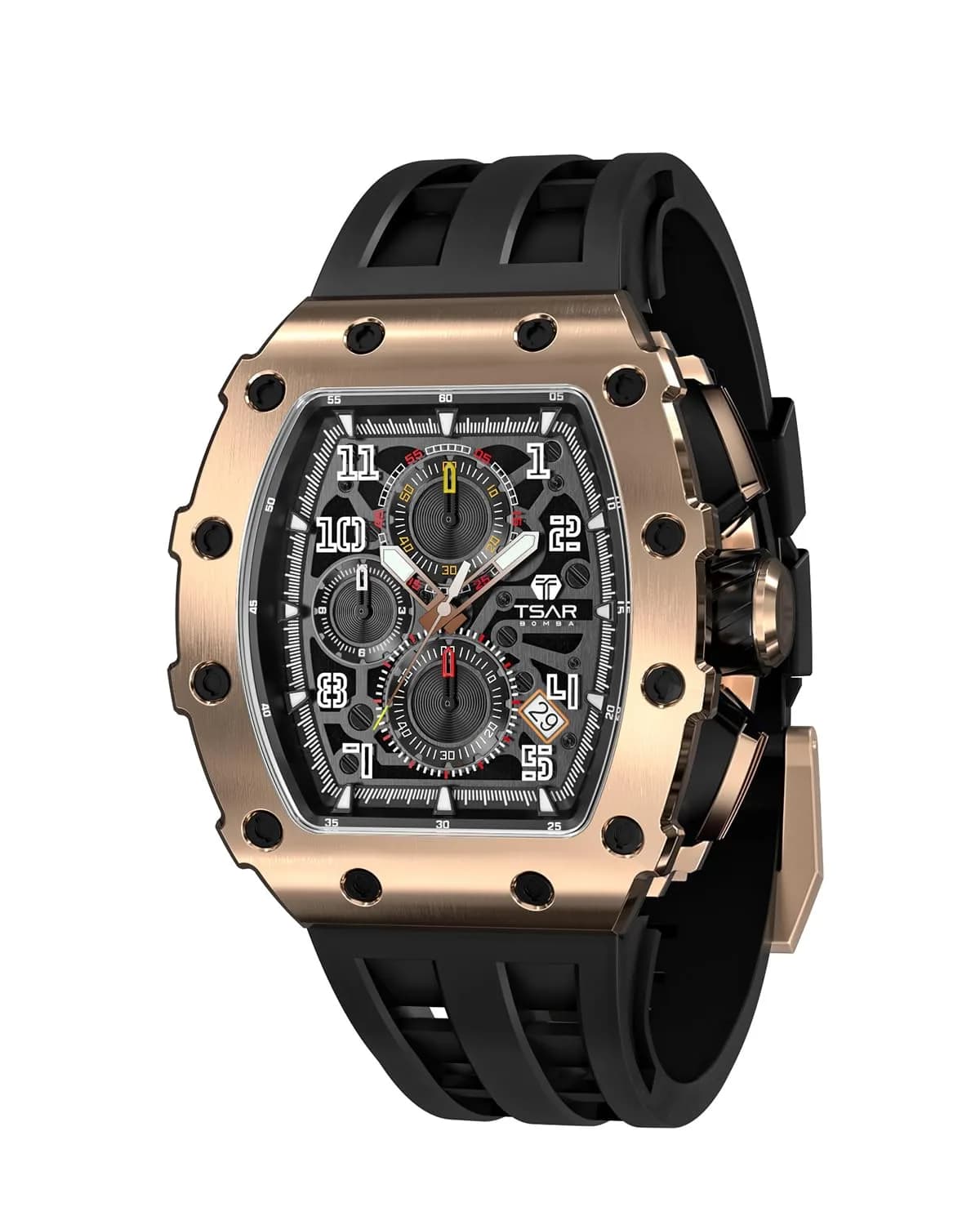 TSAR BOMBA Men's Quartz Wristwatch Waterproof 50M | Classic Tonneau Design, Black-Gold