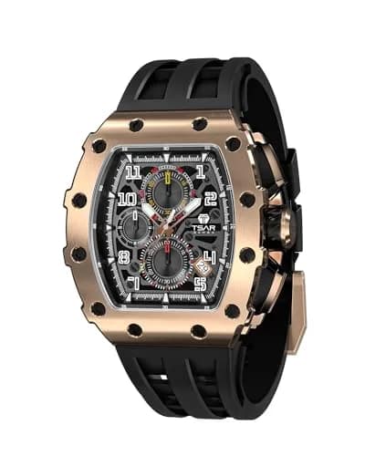 TSAR BOMBA Men's Quartz Wristwatch Waterproof 50M | Classic Tonneau Design, Black-Gold thumbnail 1
