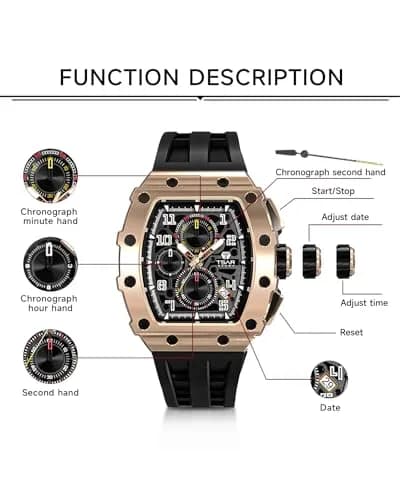 TSAR BOMBA Men's Quartz Wristwatch Waterproof 50M | Classic Tonneau Design, Black-Gold thumbnail 6