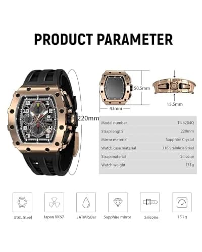 TSAR BOMBA Men's Quartz Wristwatch Waterproof 50M | Classic Tonneau Design, Black-Gold thumbnail 7